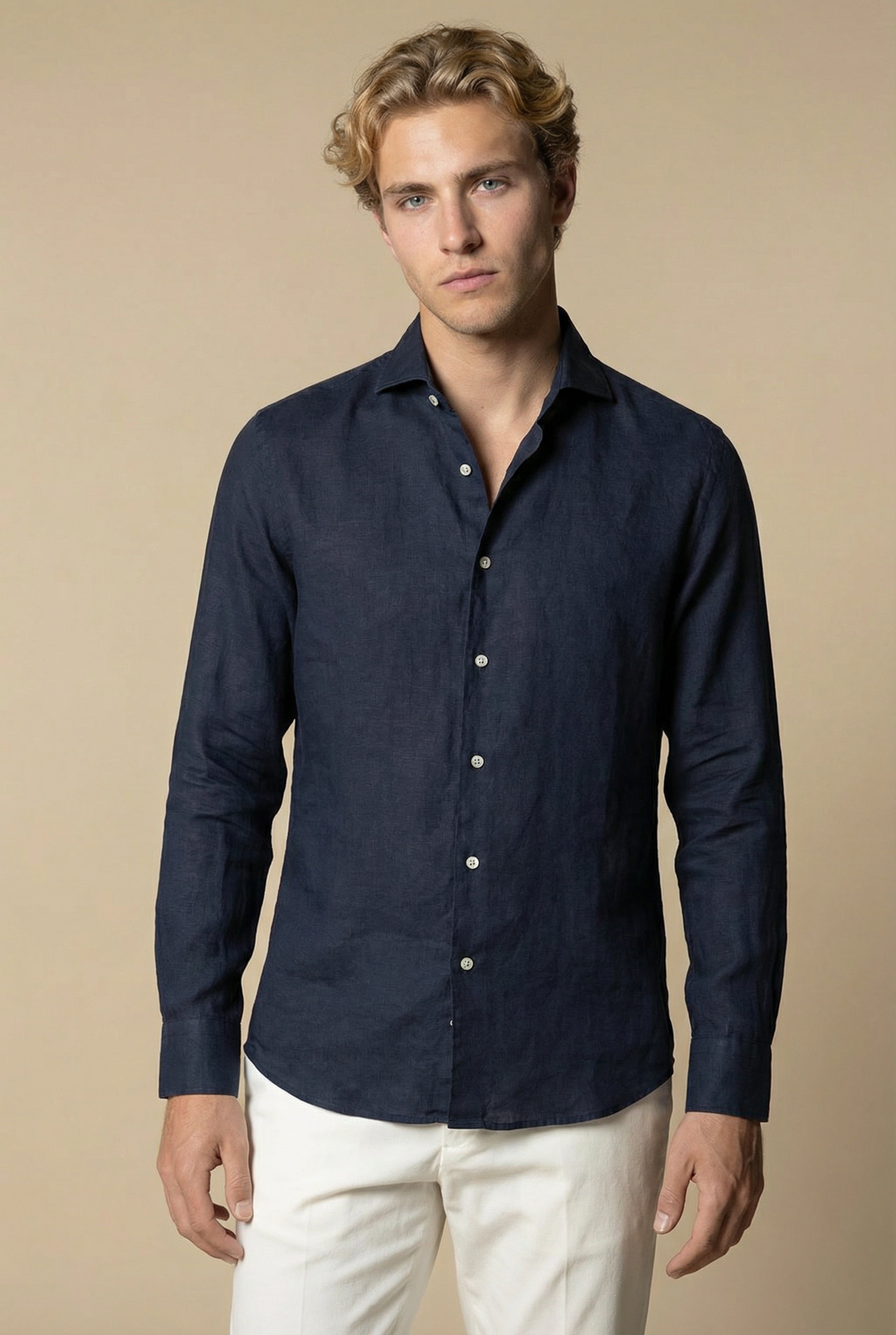 Long Sleeve Linen Shirt Navy